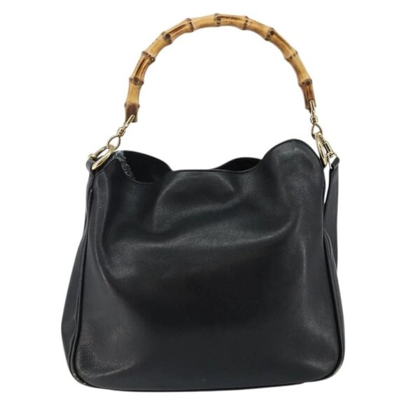 GUCCI Bamboo Shoulder Bag Leather 2way Black Gold 001 1638 Auth 142796 - Picture 3 of 16